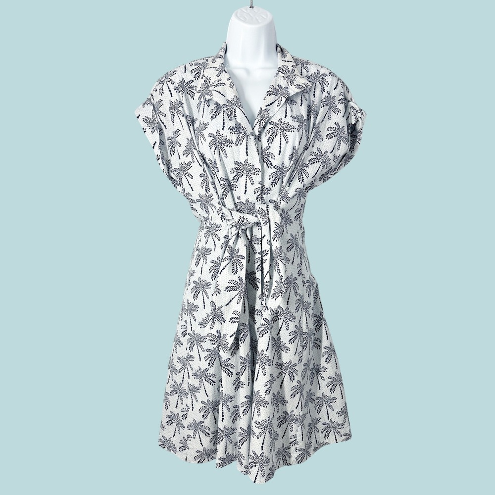 Finley Cotton Palm Print White Navy Tie Front Mini Shirt Dress Womens Size Small